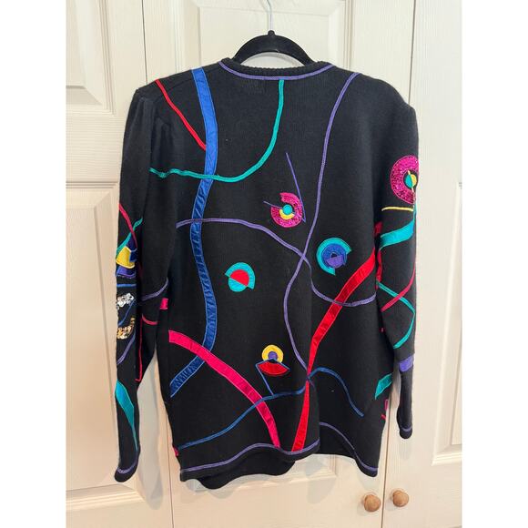 Vintage Magnolia Cardigan Sweater Black Colorful Abstract Art to Wear - Picture 7 of 8